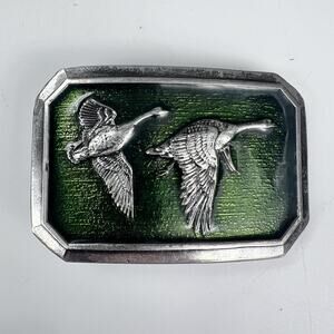 Vintage 1976 Duck Geese Belt Buckle Serial Number 521 Green Enamel Made In USA